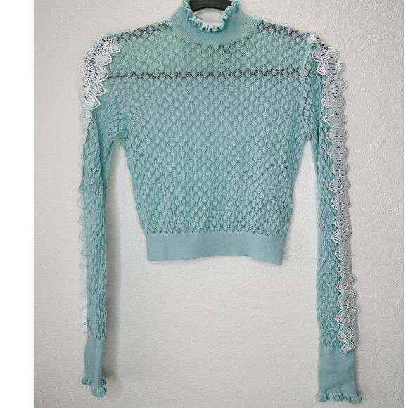 ZARA Aqua Crochet Knit White Lace Stripe Ruffle Neck Crop Sweater S - Picture 4 of 16